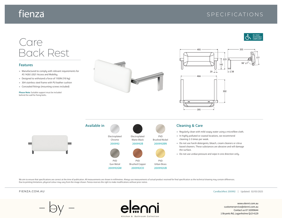Care Back Rest - Spec sheet