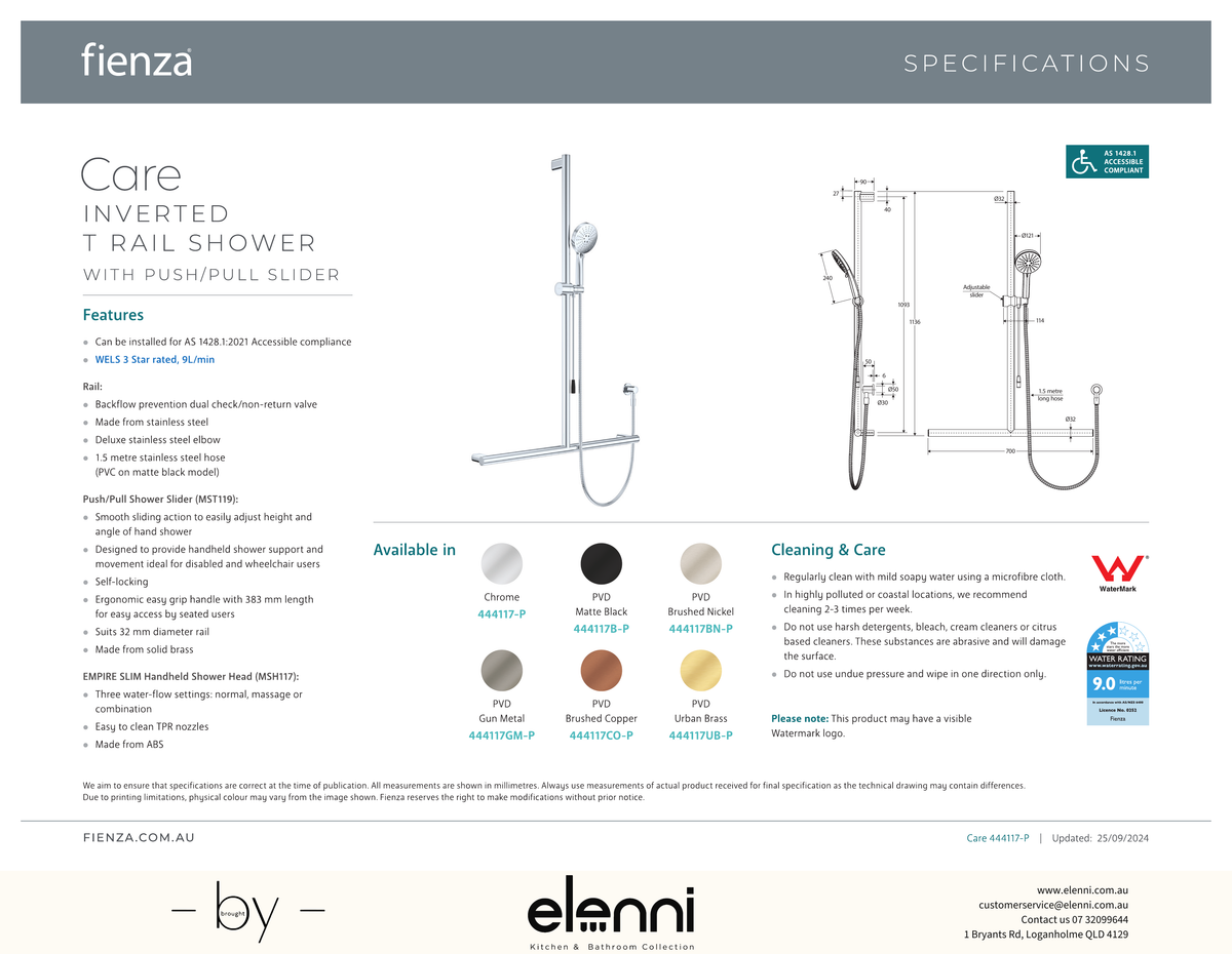 Care Inverted T Rail Shower with Push/Pull Slider - Spec sheet