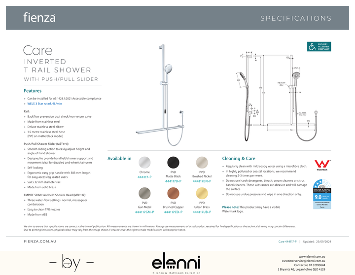 Care Inverted T Rail Shower with Push/Pull Slider - Spec sheet