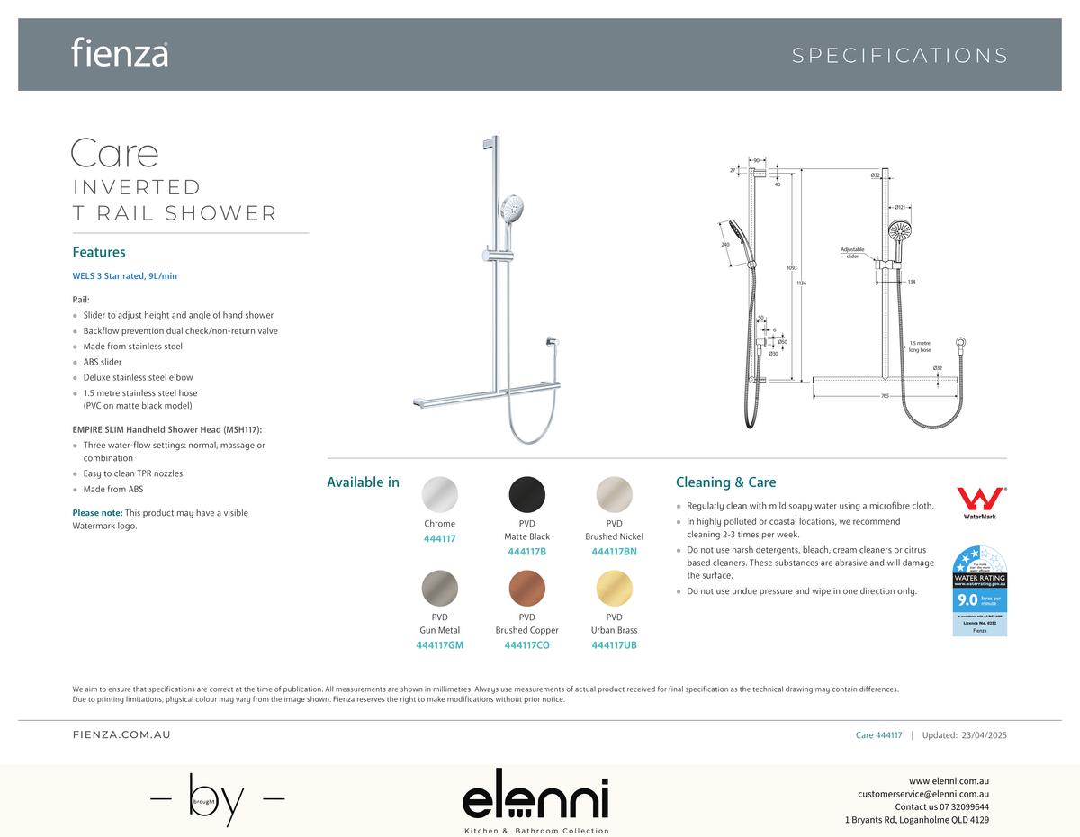 Care Inverted T Rail Shower - Spec sheet