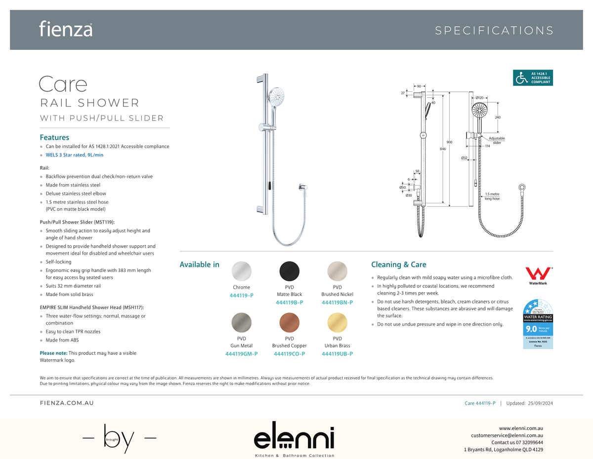 Care Rail Shower with Push/Pull Slider - Spec sheet