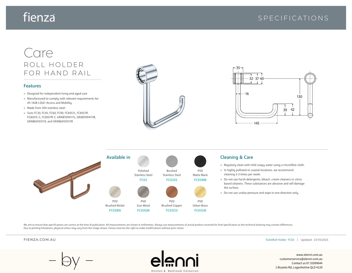 Care Roll Holder for Grab Rail - Spec sheet
