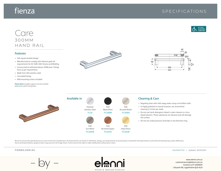 Care Slimline Hand Grab Rail, 300mm - Spec sheet