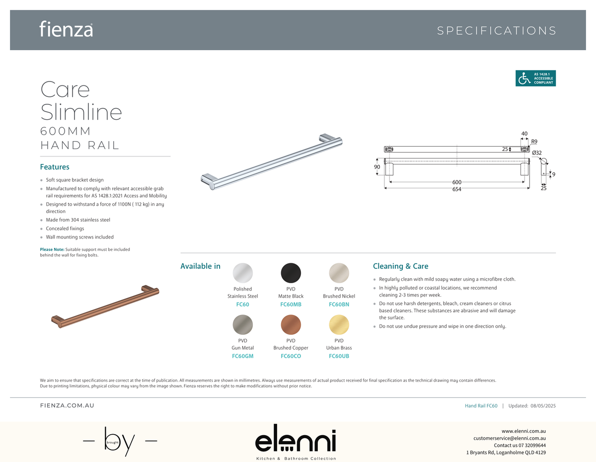 Care Slimline Hand Grab Rail, 600mm - Spec sheet