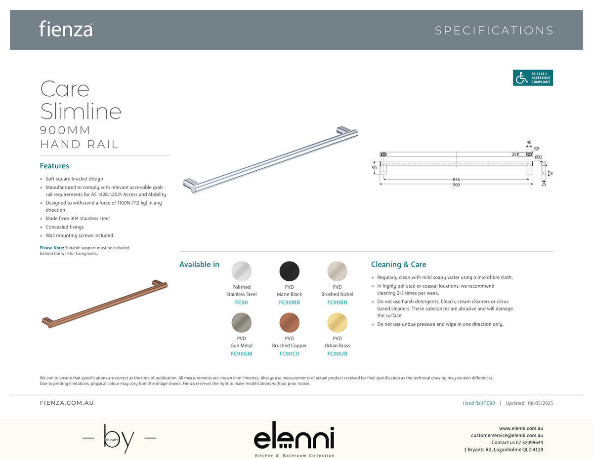 Care Slimline Hand Grab Rail, 900mm - Spec sheet