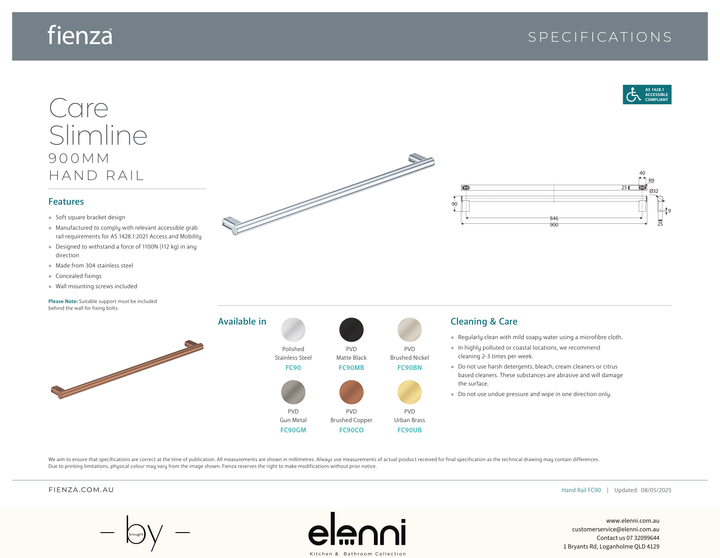 Care Slimline Hand Grab Rail, 900mm - Spec sheet