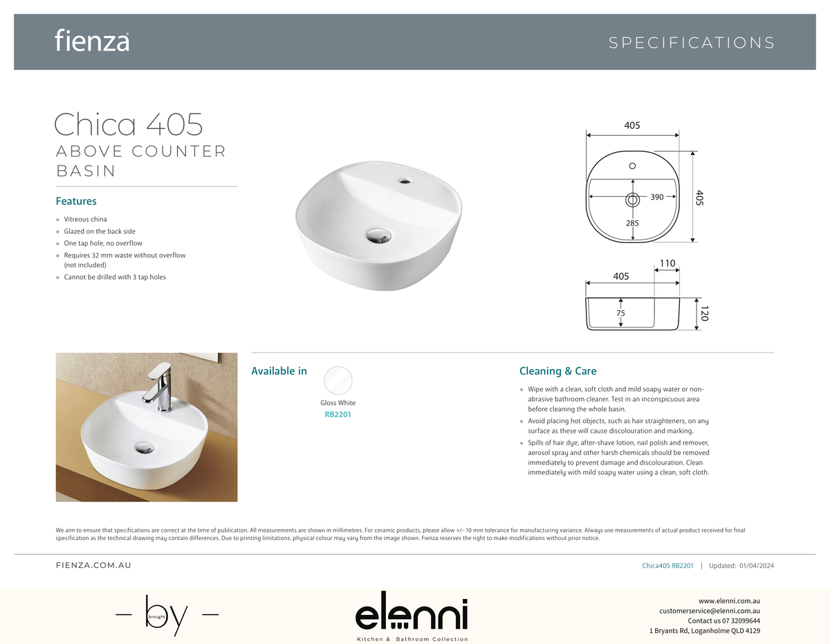 Chica 405 Above Counter Basin - Elenni specification drawing