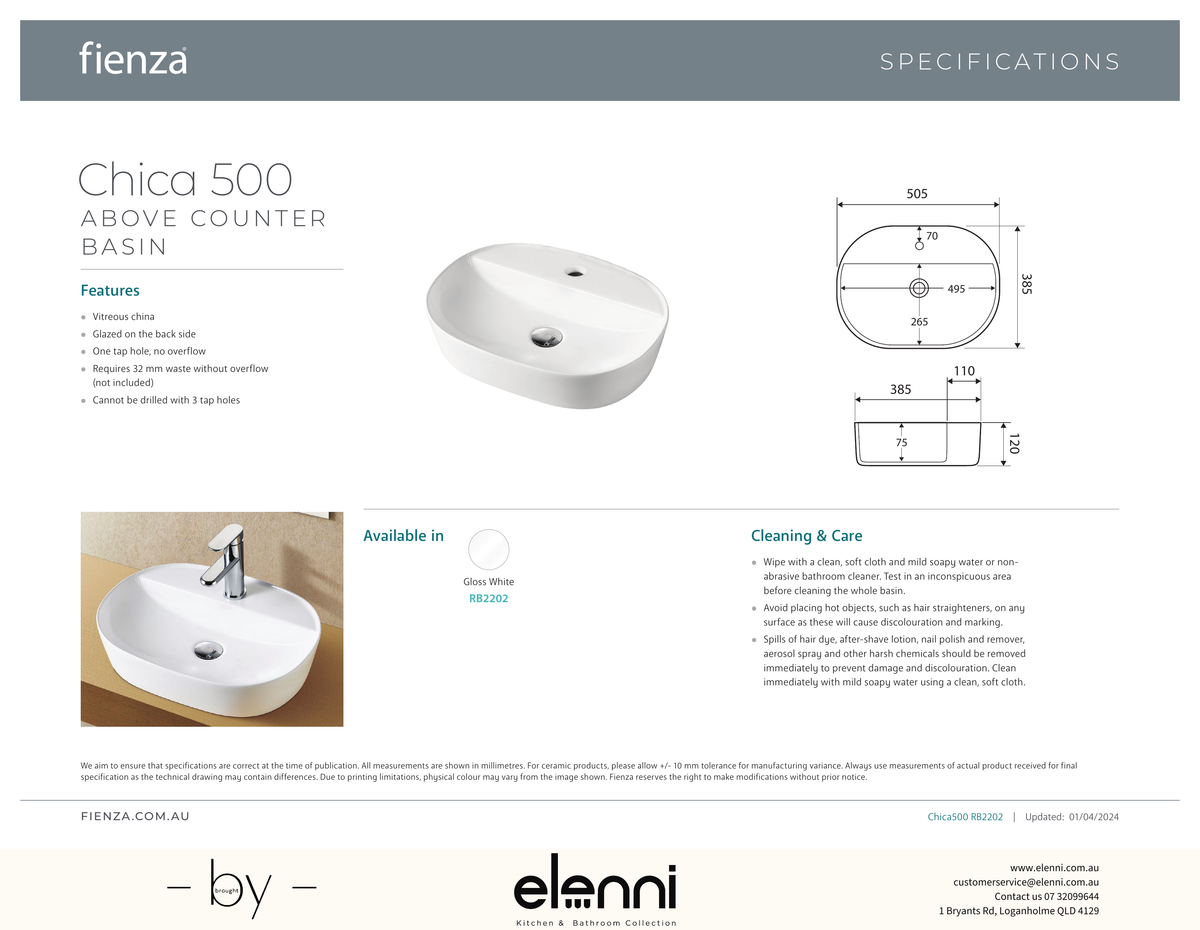 Chica 500 Above Counter Basin - Elenni specification drawing