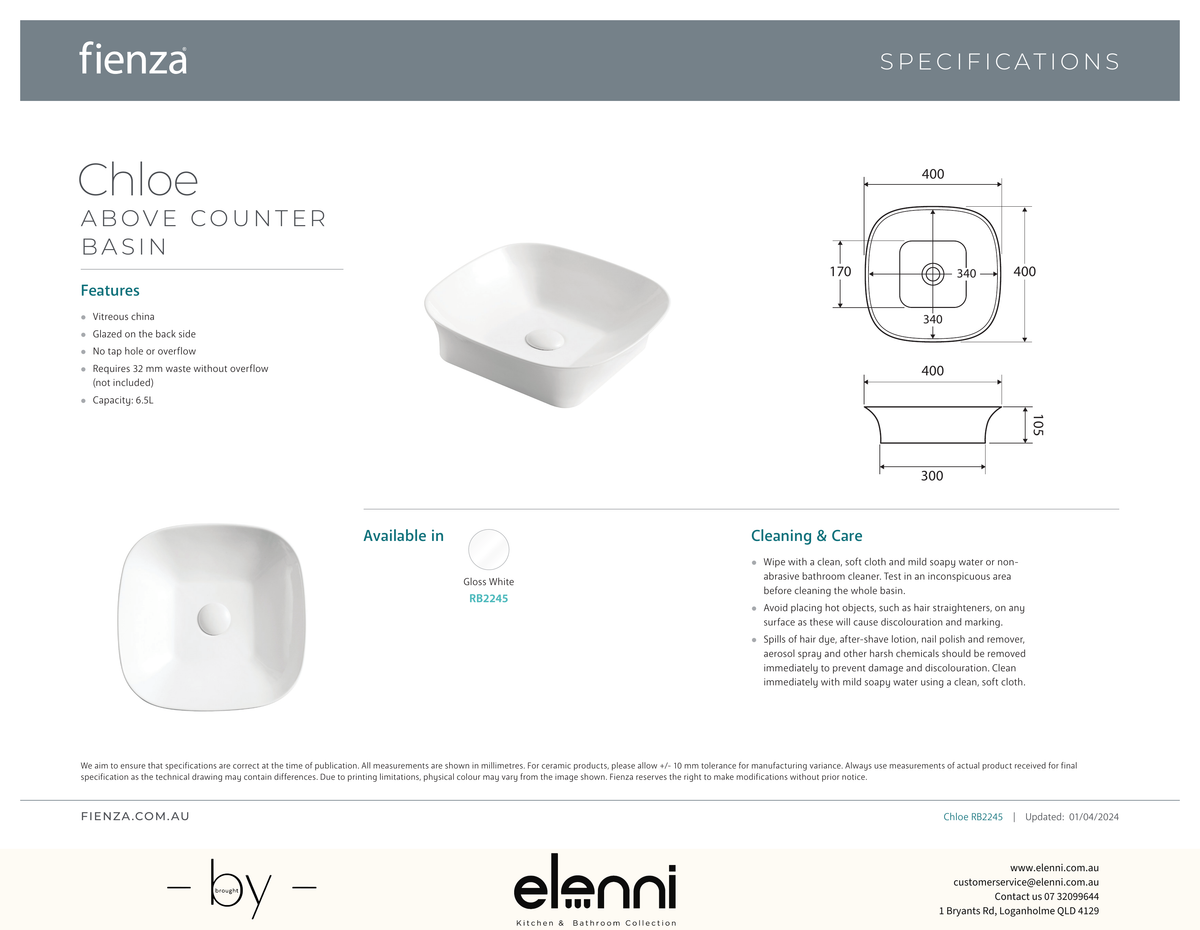 Chloe Above Counter Basin - Elenni specification drawing