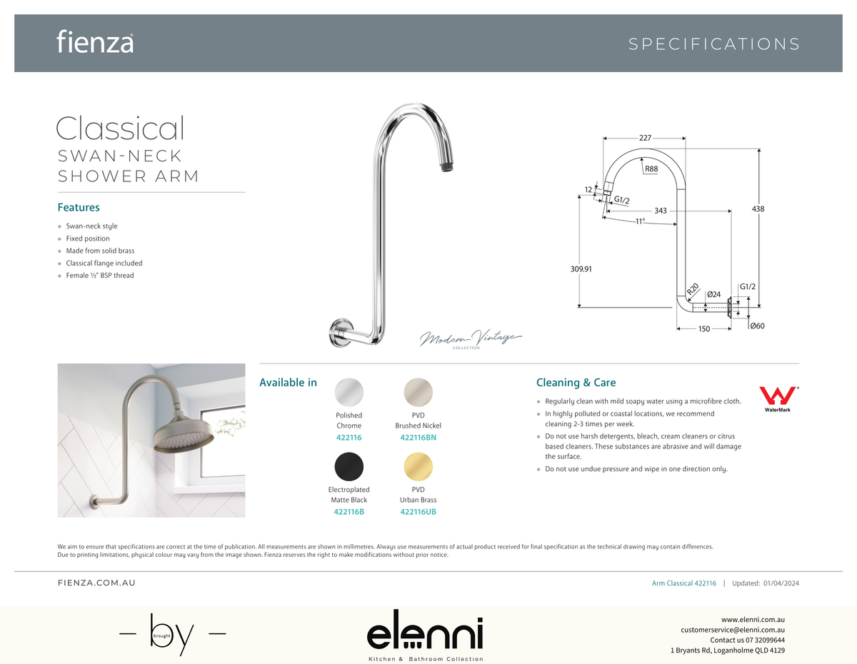 Classical Fixed Swan-Neck Arm - Spec sheet