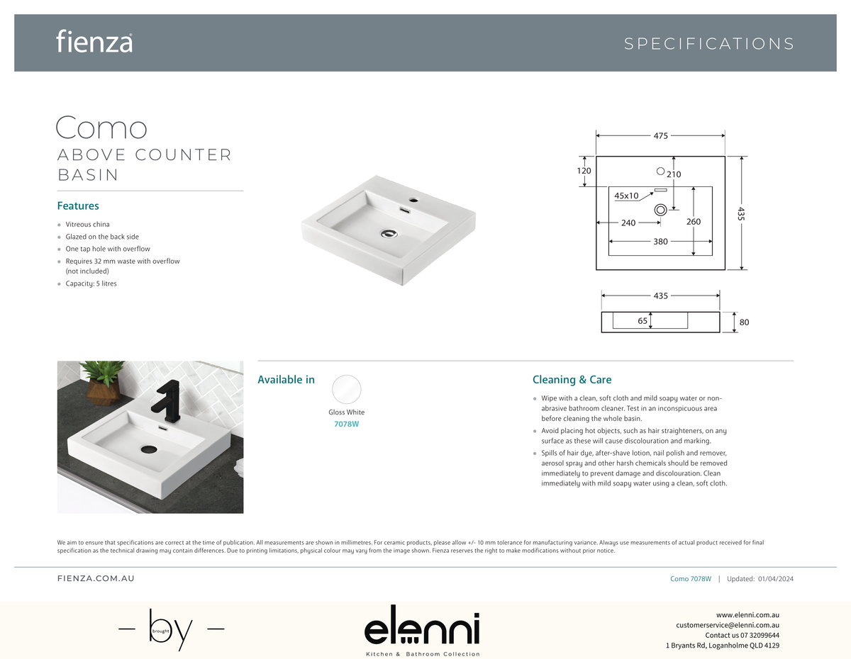 Como Above Counter Basin - Elenni specification drawing
