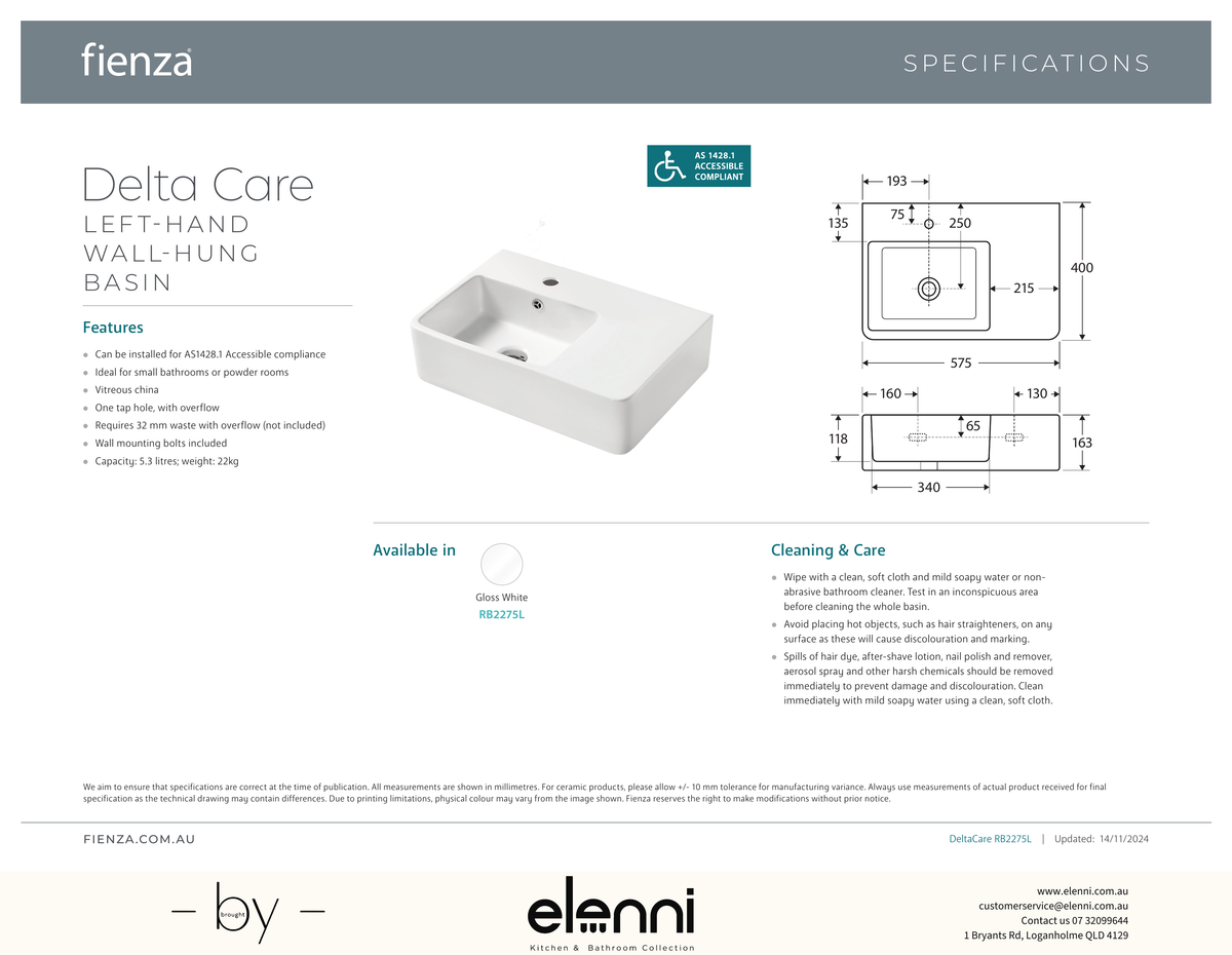 Delta Care Left-Hand Wall Basin - Elenni specification drawing