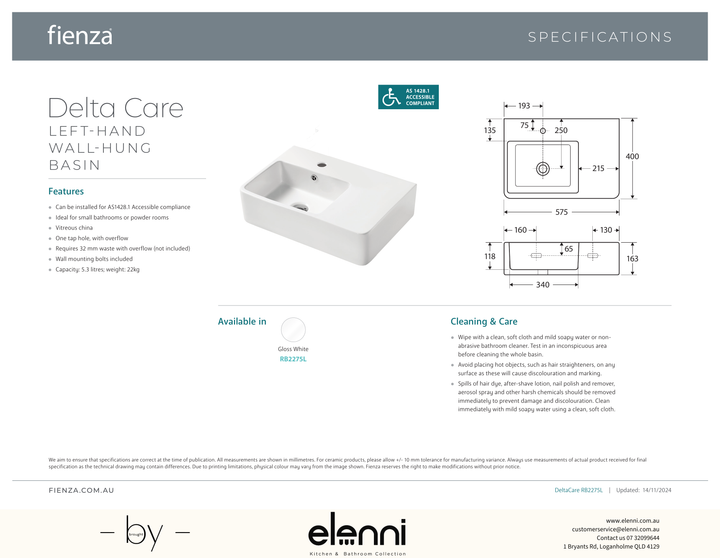 Delta Care Left-Hand Wall Basin - Elenni specification drawing