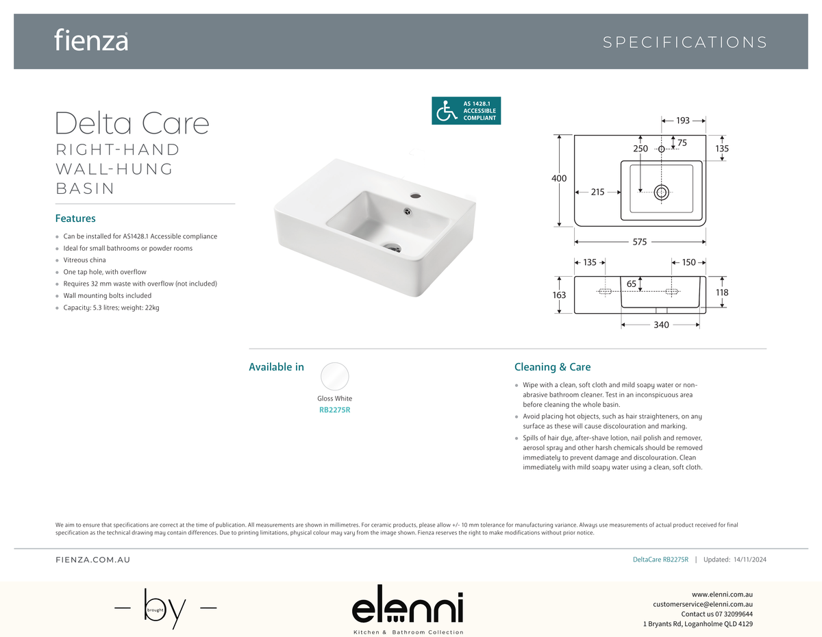 Delta Care Right-Hand Wall Basin - Elenni specification drawing