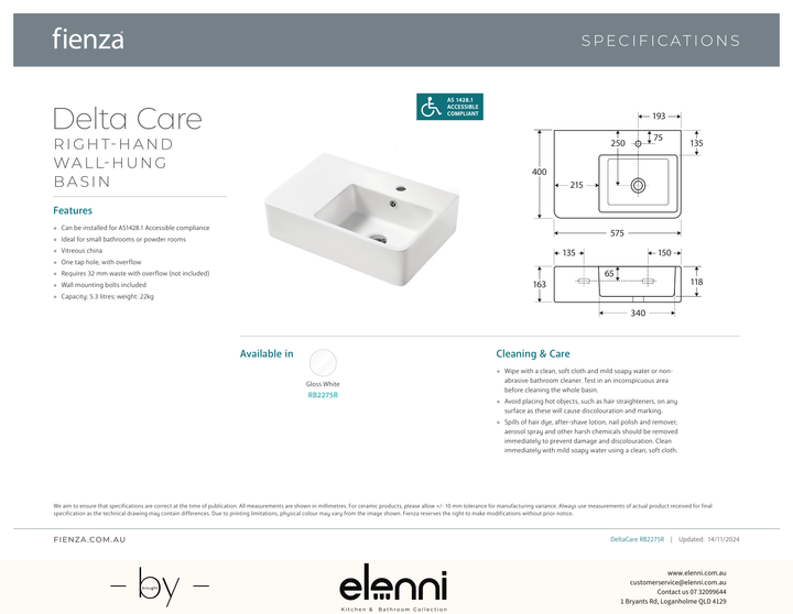 Delta Care Right-Hand Wall Basin - Elenni specification drawing