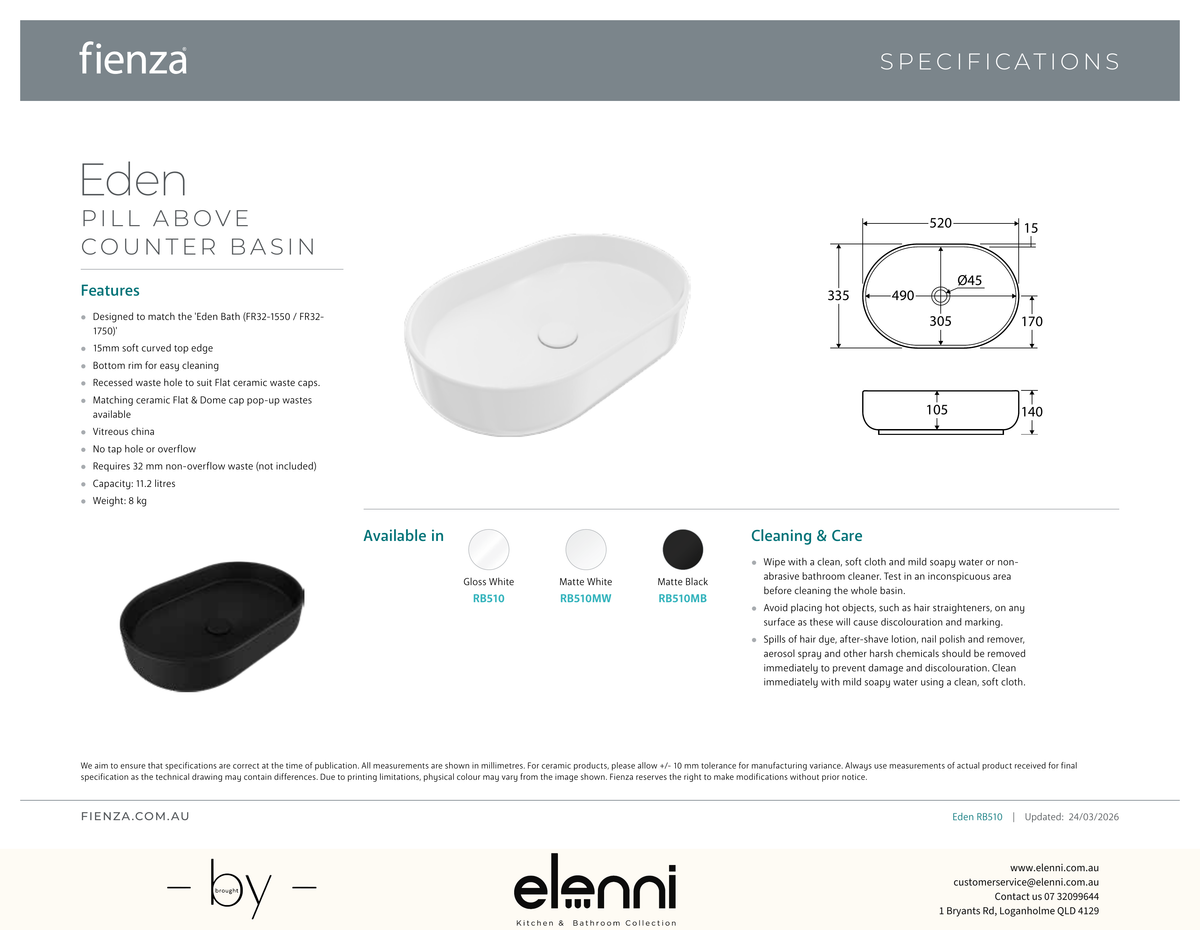 Eden Pill Above Counter Basin - Elenni specification drawing
