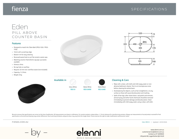 Eden Pill Above Counter Basin - Elenni specification drawing