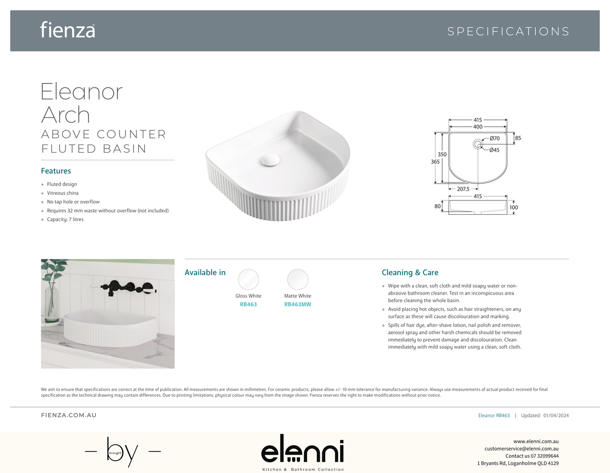 Eleanor Arch Above Counter Fluted Basin - Elenni specification drawing