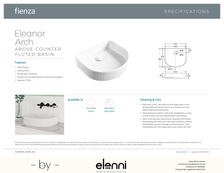 Eleanor Arch Above Counter Fluted Basin - Elenni specification drawing