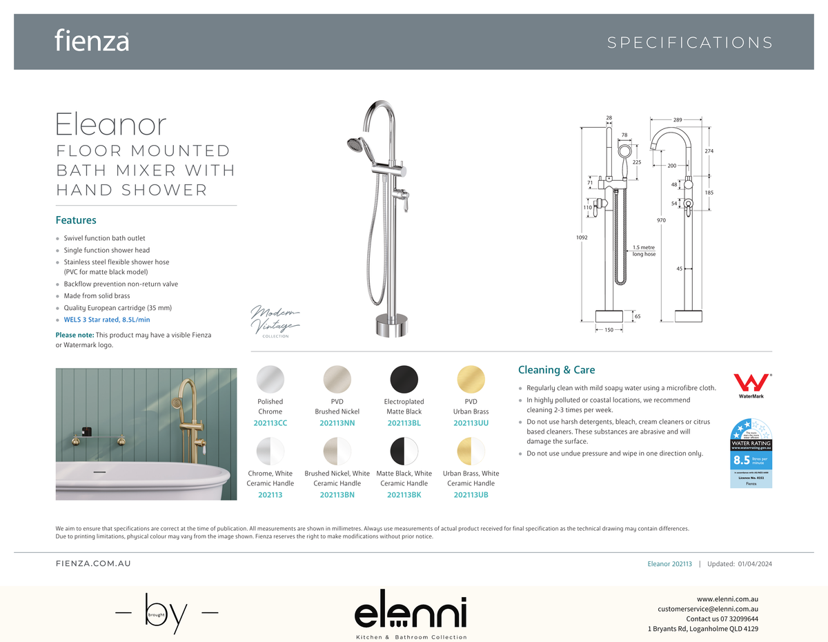 Eleanor Floor Mixer &amp; Shower - Spec sheet