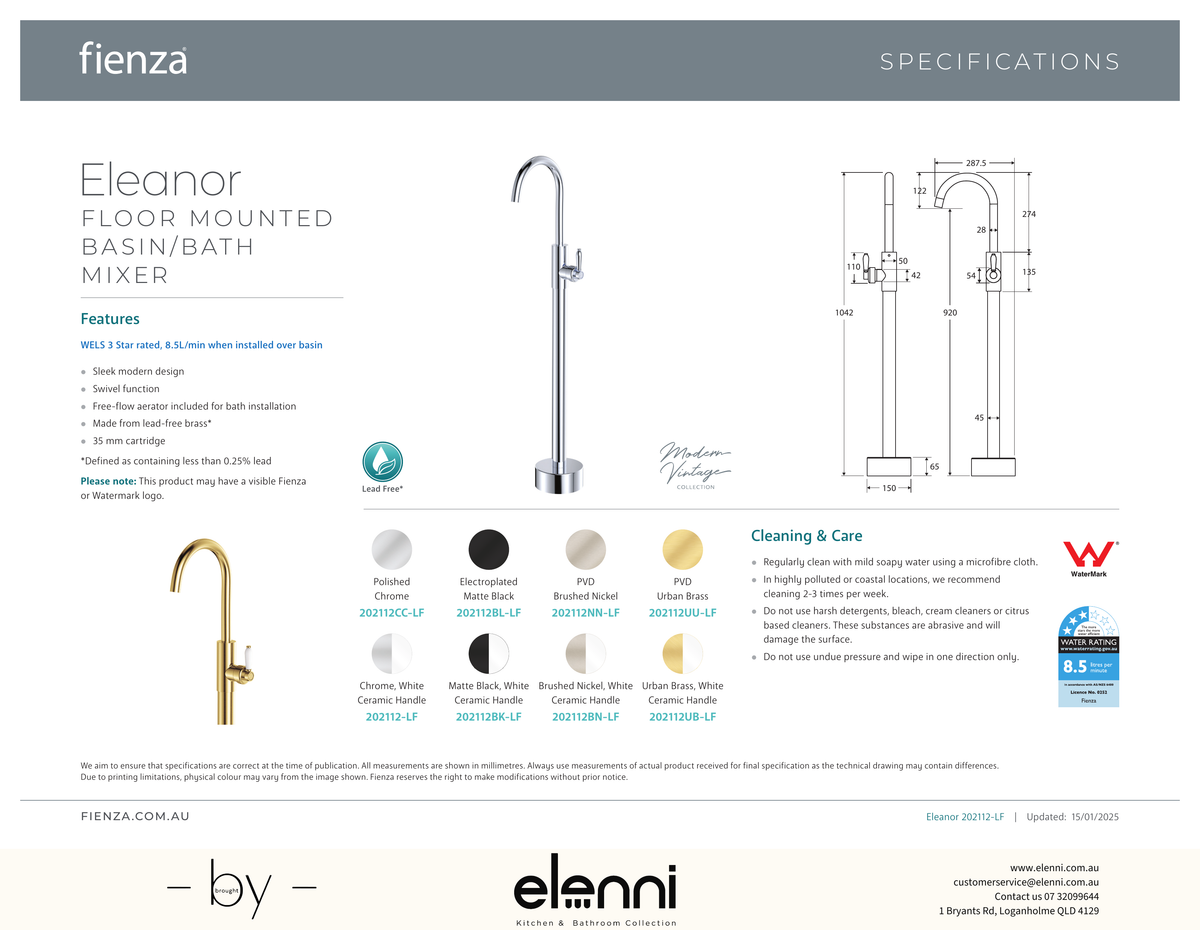 Eleanor Floor Mounted Basin/Bath Mixer - Spec sheet
