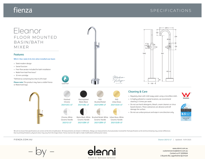 Eleanor Floor Mounted Basin/Bath Mixer - Spec sheet