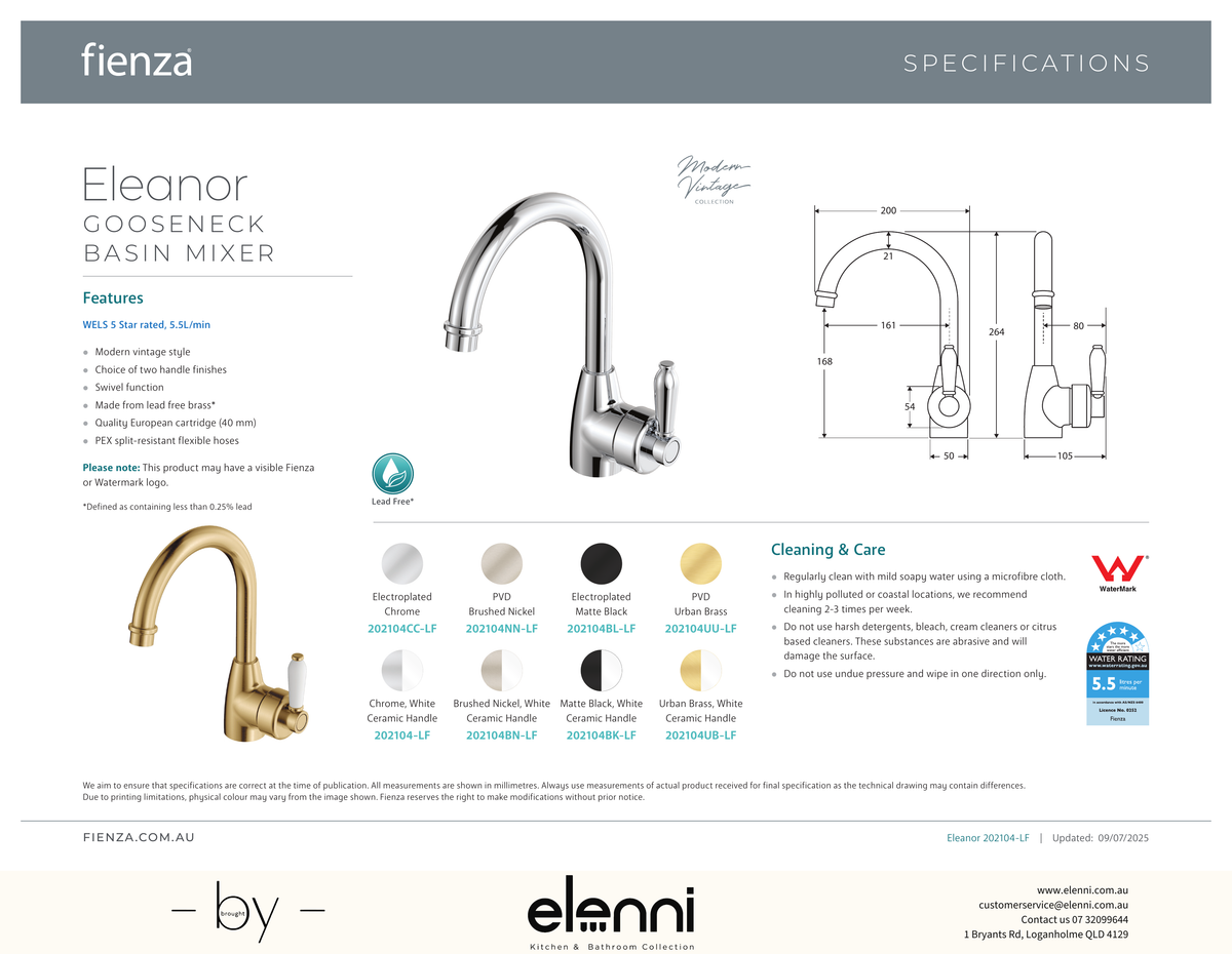 Eleanor Gooseneck Basin Mixer - Spec sheet