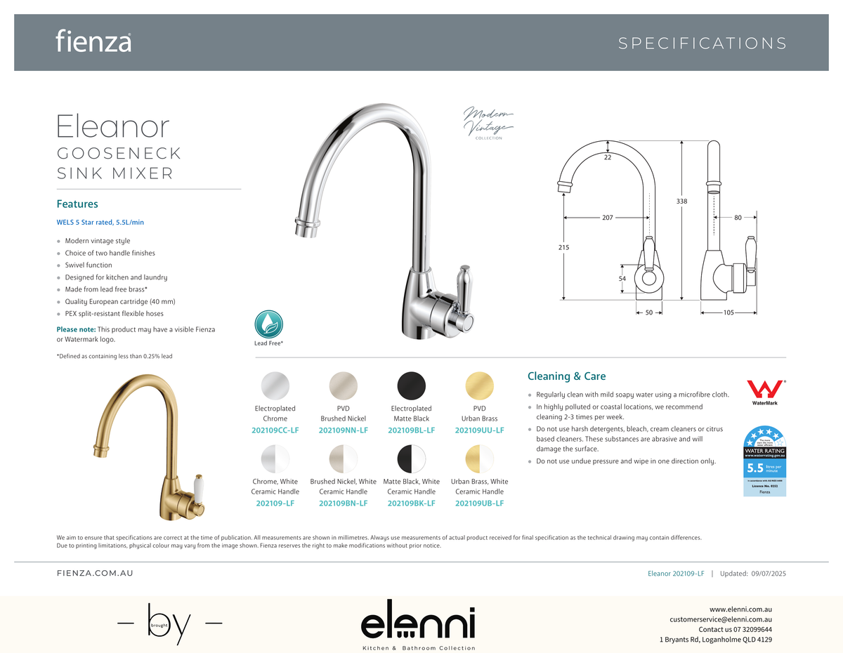 Eleanor Gooseneck Sink Mixer - Spec sheet