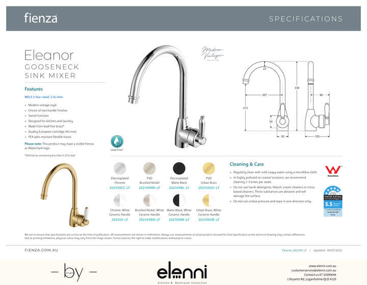 Eleanor Gooseneck Sink Mixer - Spec sheet