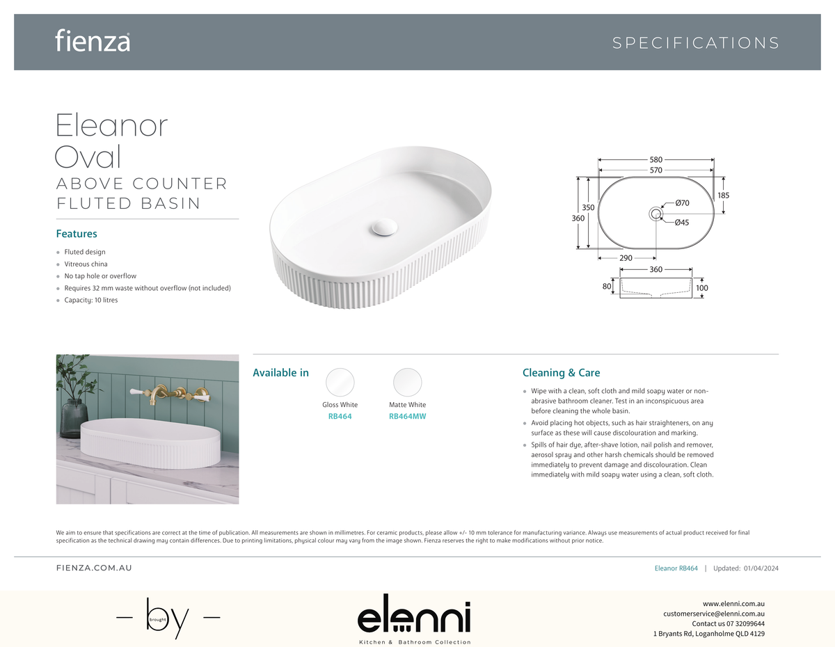 Eleanor Oval Above Counter Fluted Basin - Elenni specification drawing