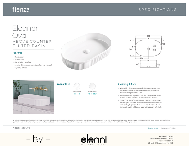 Eleanor Oval Above Counter Fluted Basin - Elenni specification drawing