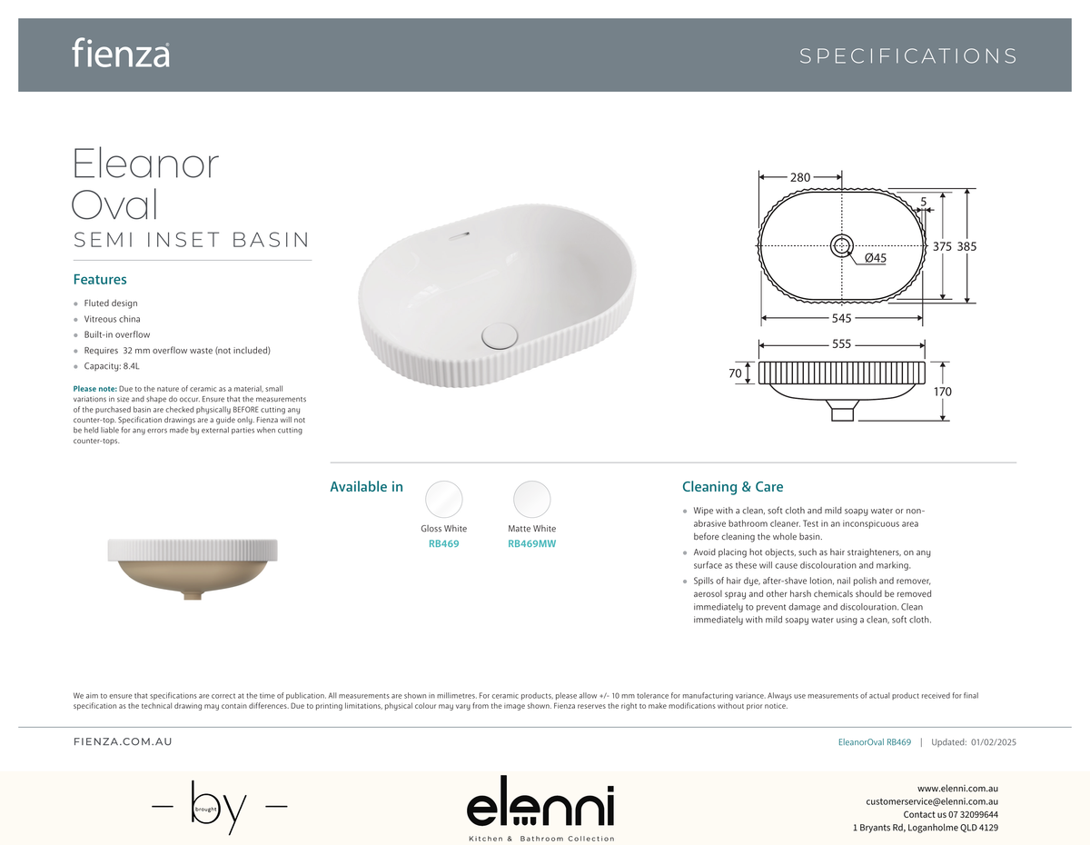 Eleanor Oval Semi-Inset Basin - Elenni specification drawing