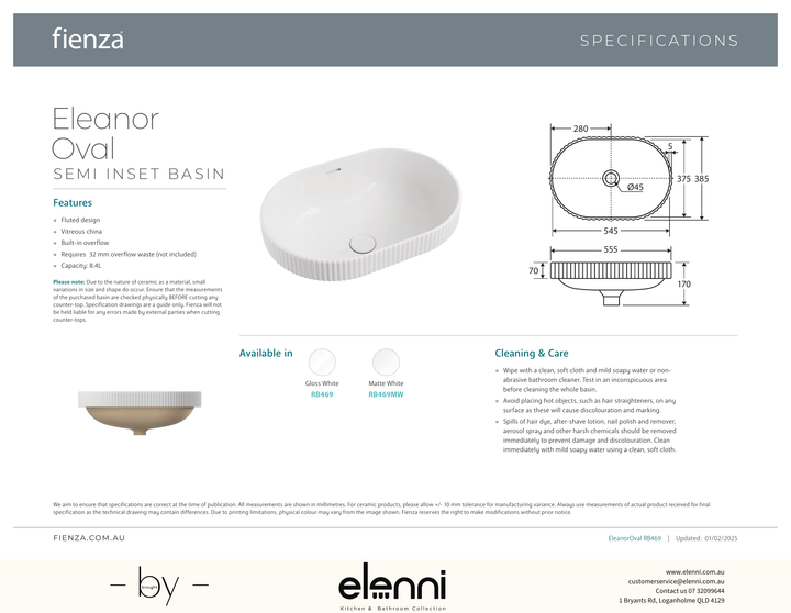 Eleanor Oval Semi-Inset Basin - Elenni specification drawing