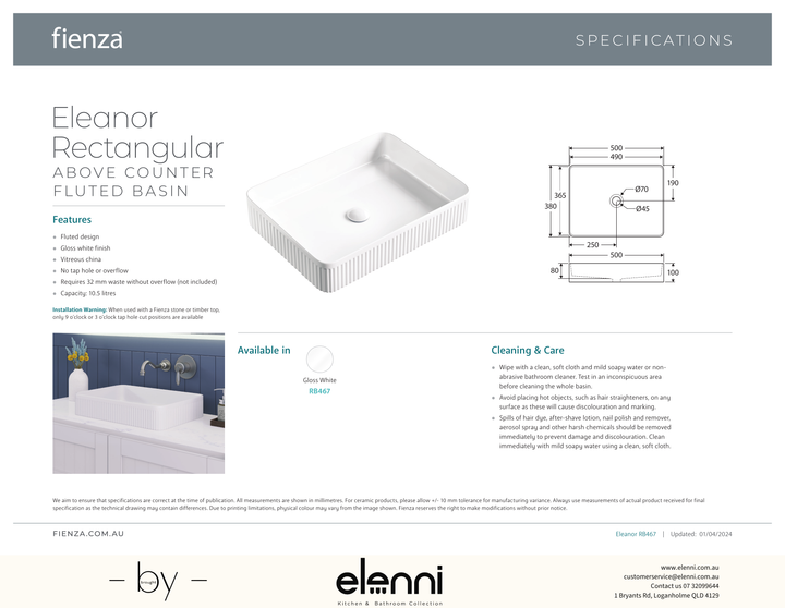 Eleanor Rectangular Above Counter Fluted Basin - Elenni specification drawing