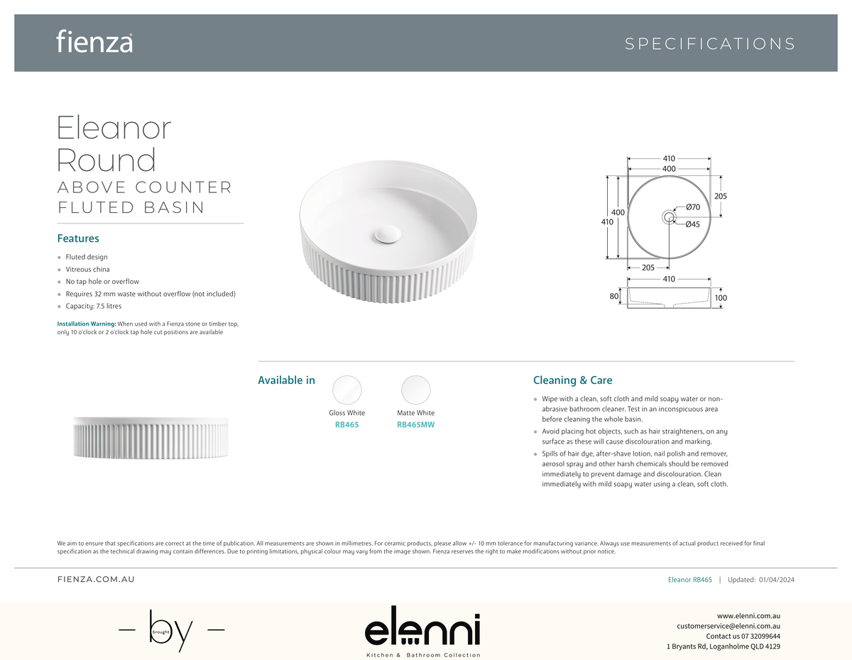 Eleanor Round Above Counter Fluted Basin - Elenni specification drawing