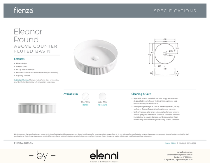 Eleanor Round Above Counter Fluted Basin - Elenni specification drawing
