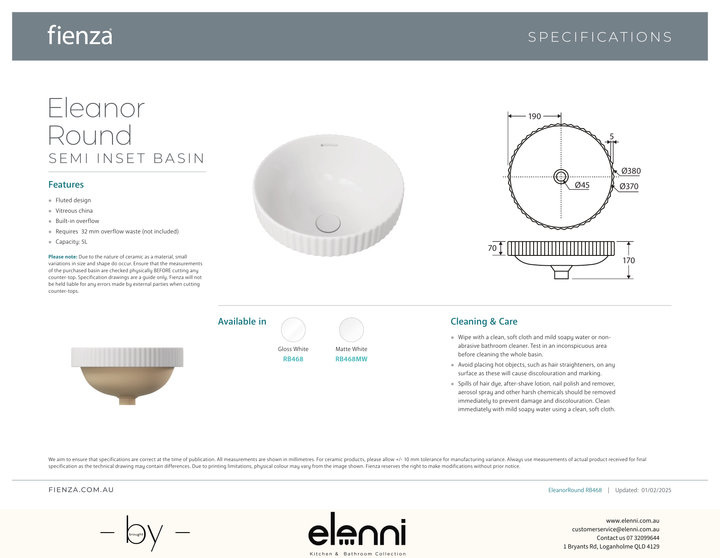 Eleanor Round Semi-Inset Basin - Elenni specification drawing