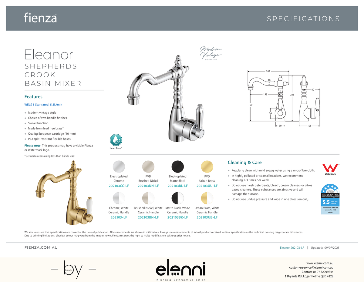 Eleanor Shepherds Crook Basin Mixer - Spec sheet