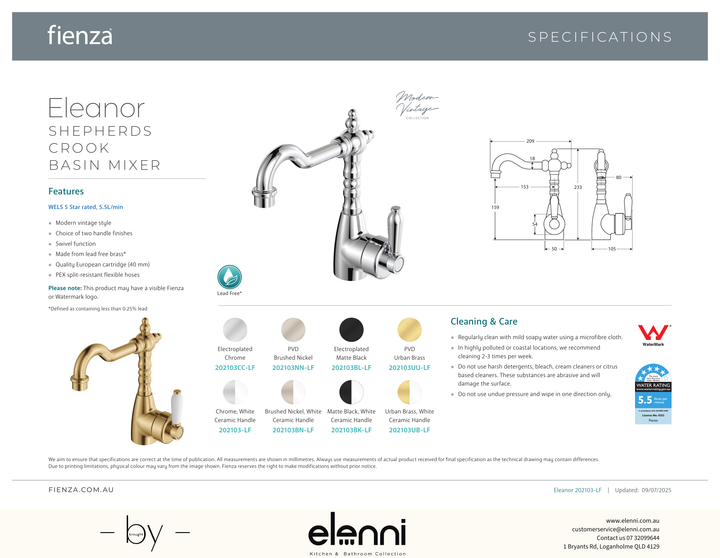 Eleanor Shepherds Crook Basin Mixer - Spec sheet