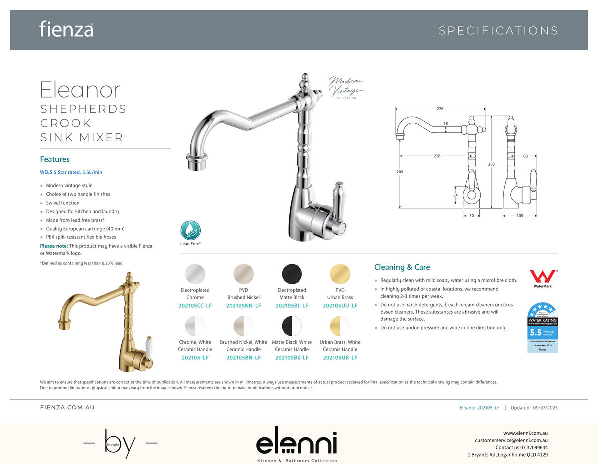 Eleanor Shepherds Crook Sink Mixer - Spec sheet