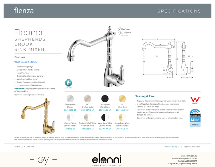 Eleanor Shepherds Crook Sink Mixer - Spec sheet
