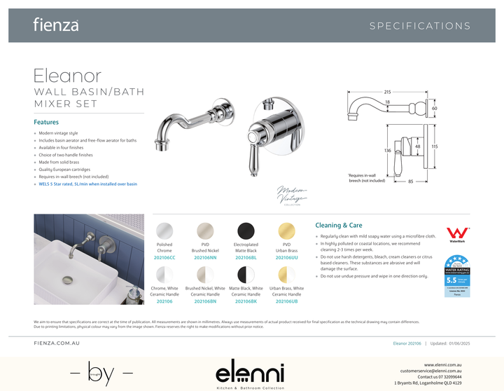 Eleanor Wall Basin/Bath Mixer Set - Spec sheet