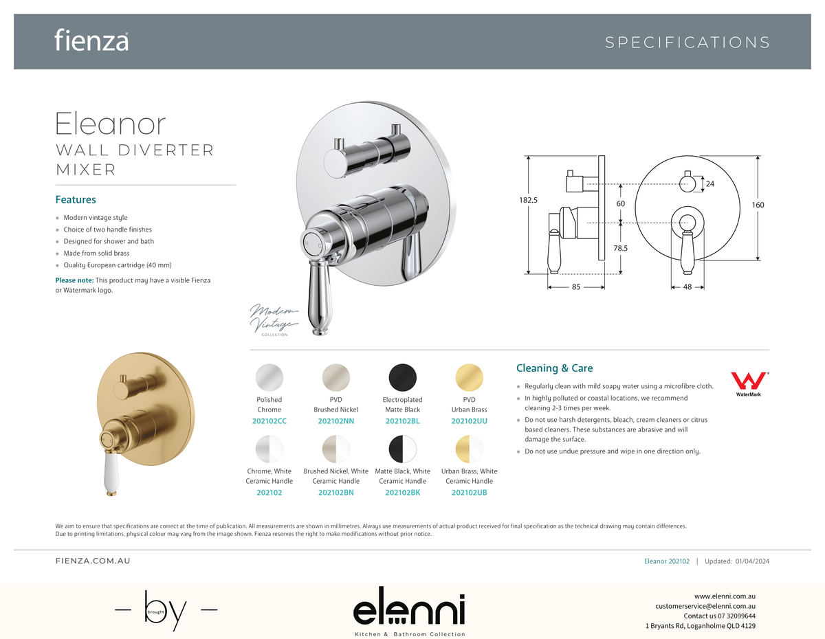 Eleanor Wall Diverter Mixer - Spec sheet