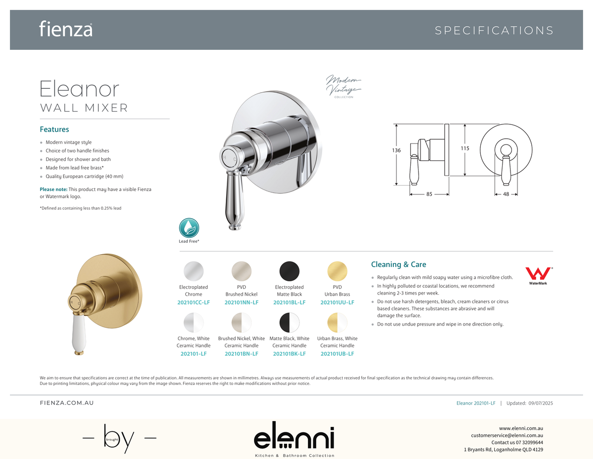 Eleanor Wall Mixer - Spec sheet