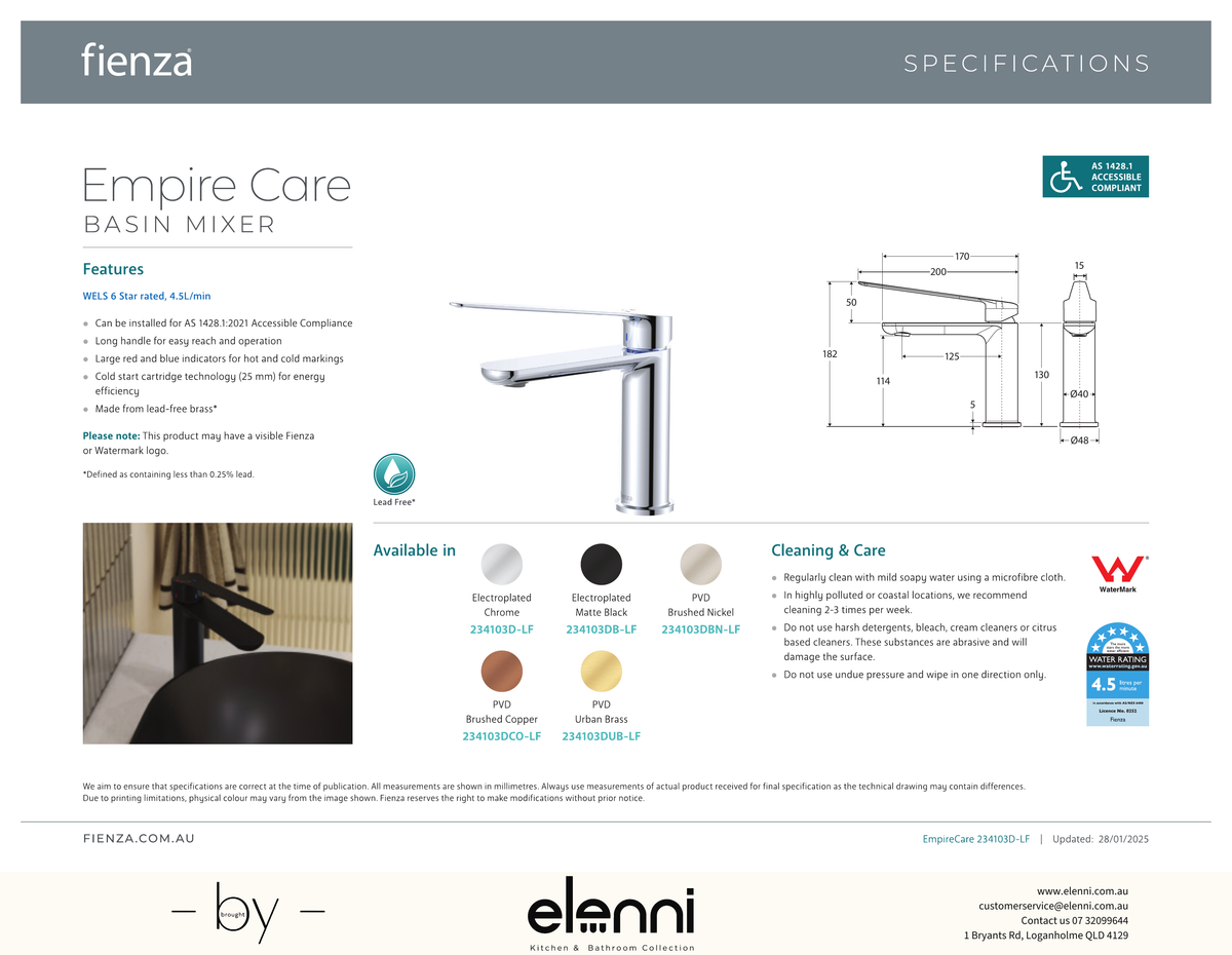 Empire Care Cold Start Basin Mixer - Spec sheet