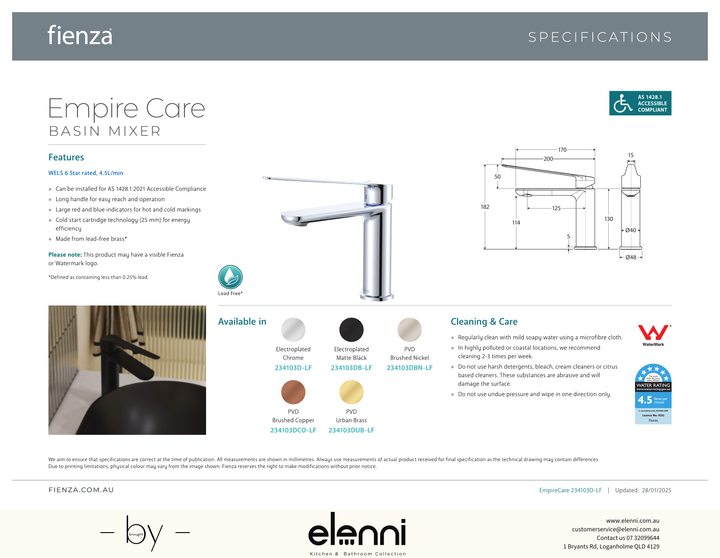 Empire Care Cold Start Basin Mixer - Spec sheet