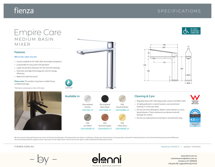 Empire Care Cold Start Medium Basin Mixer - Spec sheet