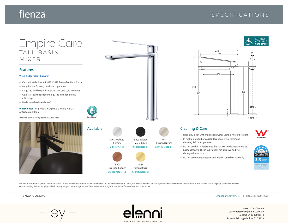 Empire Care Cold Start Tall Basin Mixer - Spec sheet