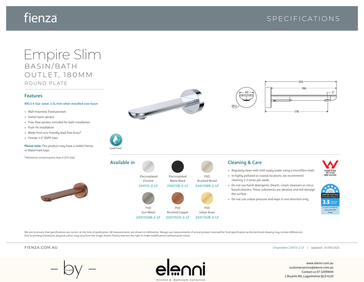Empire Slim Basin/Bath Outlet, Round Plate, 180mm - Spec sheet