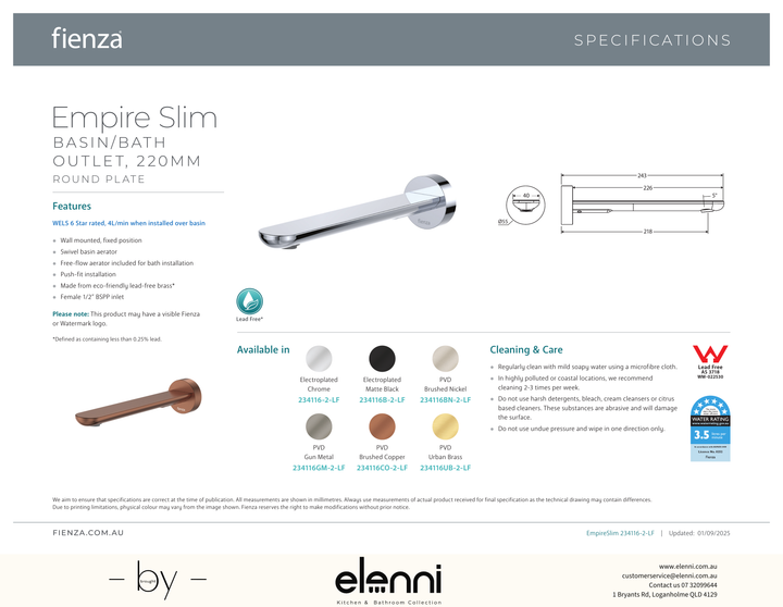 Empire Slim Basin/Bath Outlet, Round Plate, 220mm - Spec sheet